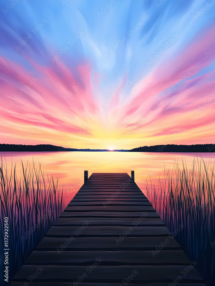 Obraz premium Sunset serenity lakeside dock digital artwork tranquil waters wide angle nature's beauty