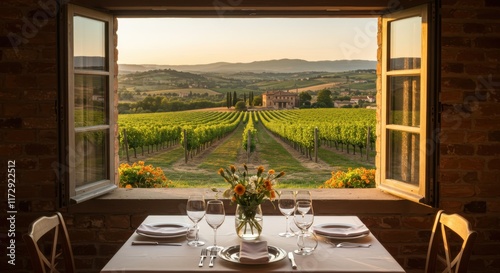 Tuscan vineyard view, open wooden window frame, rustic dining table, wine glasses, flower vase centerpiece, rolling hills landscape, golden sunset light, Italian countryside, romantic dinner setting, 