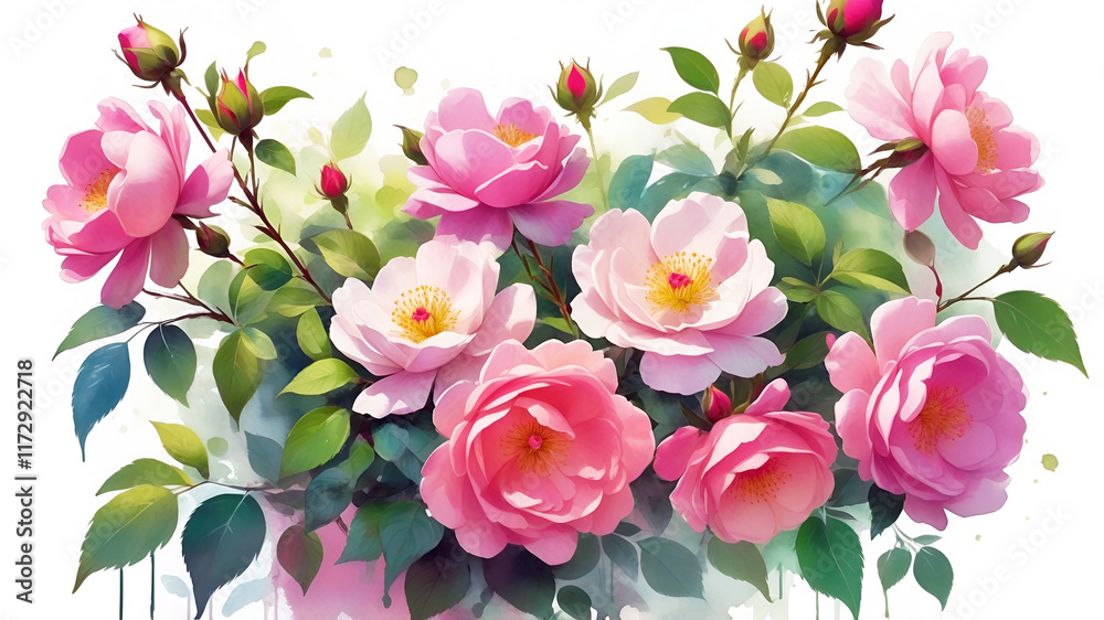 Fototapeta premium bouquet of pink roses, beautiful watercolor blooming wild roses painting isolated on white background with copy space for text