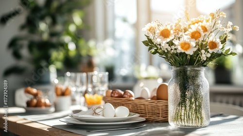 Wallpaper Mural A rustic themed table is adorned with a basket of eggs and vibrant yellow wildflowers in a glass jar, capturing a warm and inviting countryside feel. Torontodigital.ca