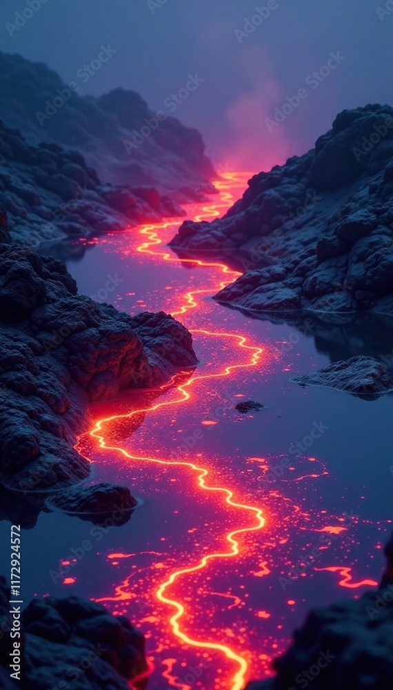 Fototapeta premium Iridescent lava spills into an ethereal lake of fire, fire, colorful, ash