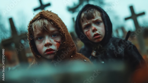 In a historic cemetery, two children dressed in threadbare cloaks confront the gloomy ambiance, their solemn faces hinting at tales of resilience and survival.