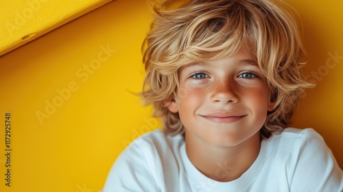 A young boy with charming freckles and long hair smiles softly while dressed in a white shirt, framed by a vivid yellow background full of youthful warmth. photo