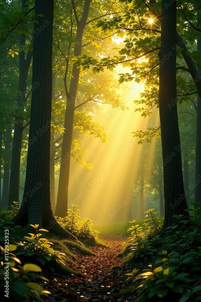 Obraz premium Soft golden light filters through forest canopy, Forest, Background