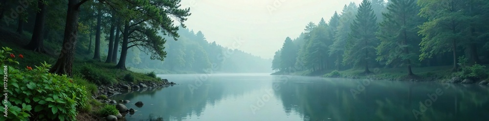 Serene forest scene with misty atmosphere and peaceful riverbank reflections, riverbank, serene Serene forest scene with misty atmosphere and peaceful riverbank reflections, riverbank, serene