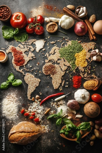 World map crafted from diverse food ingredients showcasing culinary traditions and global flavors across continents