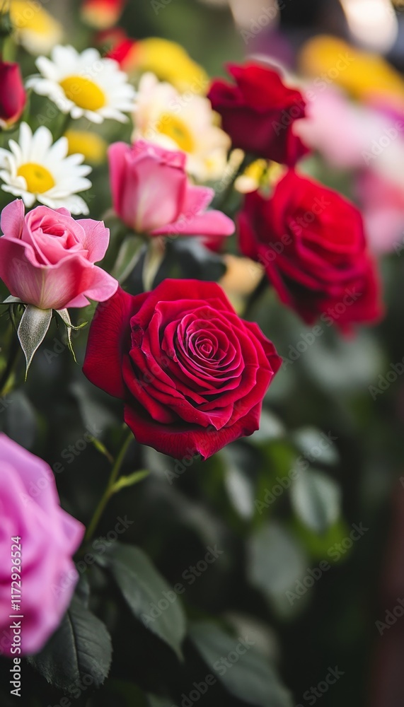 Vibrant Bouquet of Red Roses and White Daisies in Full Bloom, Floral Background with Copy Space Vibrant Bouquet of Red Roses and White Daisies in Full Bloom, Floral Background with Copy Space