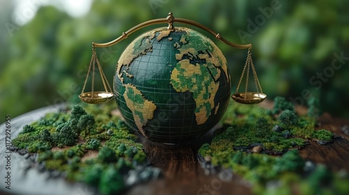 A globe balanced on scales, symbolizing environmental justice and global balance.
