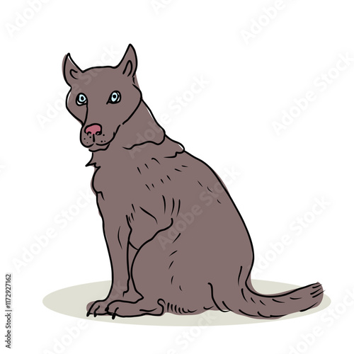 Gray dog sits with tongue hanging out and looking back. Vector hand draw illustration.