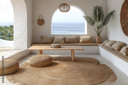 Coastal patio lounge with ocean view, seating, rug, and plants in white archway