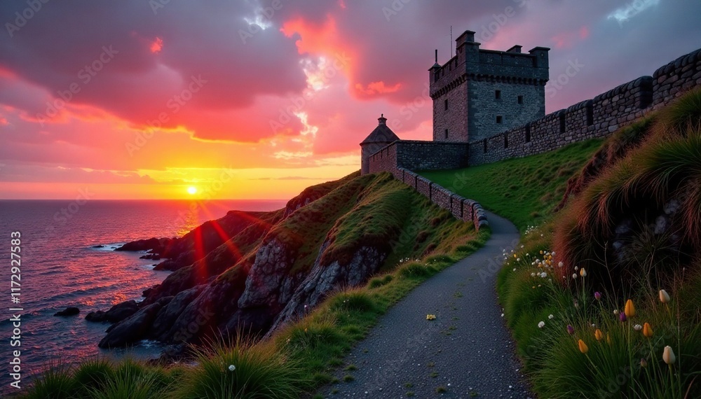 Obraz premium The dying sun paints a fiery glow across Criccieth Castle's weathered stone walls, north wales, landscape, scenery