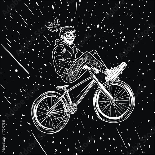 Person doing a bike stunt with stars in the background.