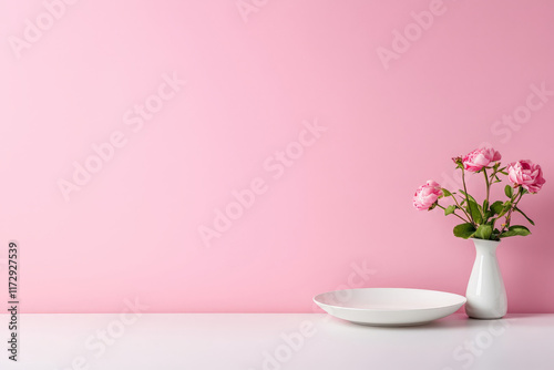 Elegant Still Life of Pink Roses in White Vase on a Minimal Pink Background