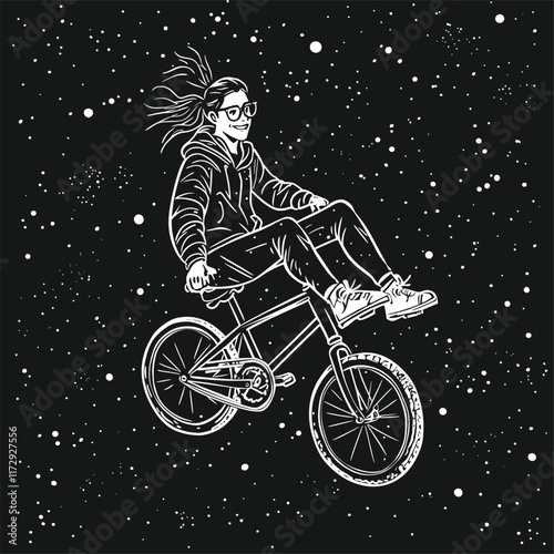 Person doing a bike stunt with stars in the background.