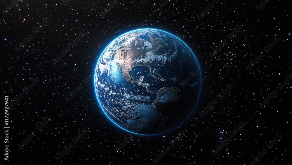 A blue and white planet with a starry sky in the background A blue and white planet with a starry sky in the background
