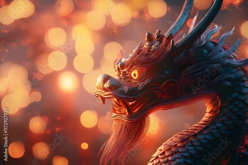 Close-up of a Chinese dragon head, with a New Year atmosphere photo