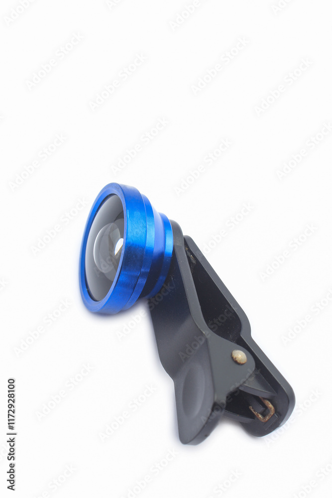 Lens wide smart phone isolated on white background. Additional lens Lens wide smart phone isolated on white background. Additional lens