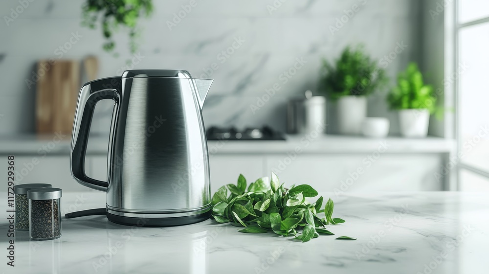 A modern kettle beside fresh herbs on a kitchen counter, ready for brewing tea.