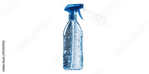 Blue spray bottle with water spraying out isolated on transparent background