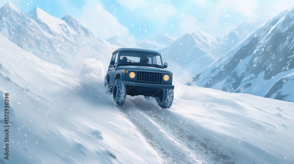 an off-road truck racing through a snowy mountain trail, snow spraying from its tires an off-road truck racing through a snowy mountain trail, snow spraying from its tires