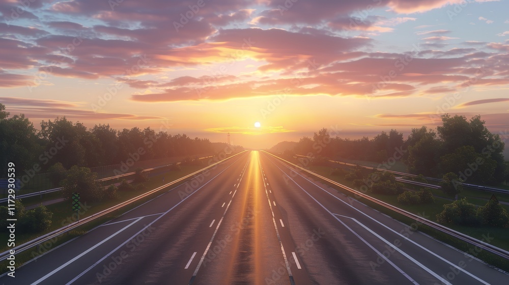 Stunning sunrise illuminating a two lane highway, with vibrant colors reflecting on the asphalt. Stunning sunrise illuminating a two lane highway, with vibrant colors reflecting on the asphalt.