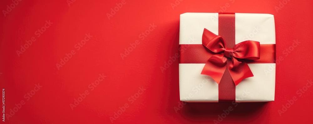 White gift wrapped with red ribbon on a bright red background, top view. MZ White gift wrapped with red ribbon on a bright red background, top view. MZ