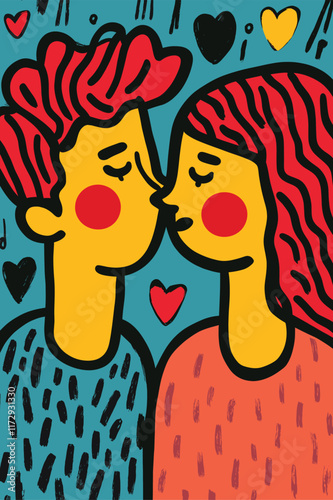 Two people in colorful attire, noses touching, hearts around.