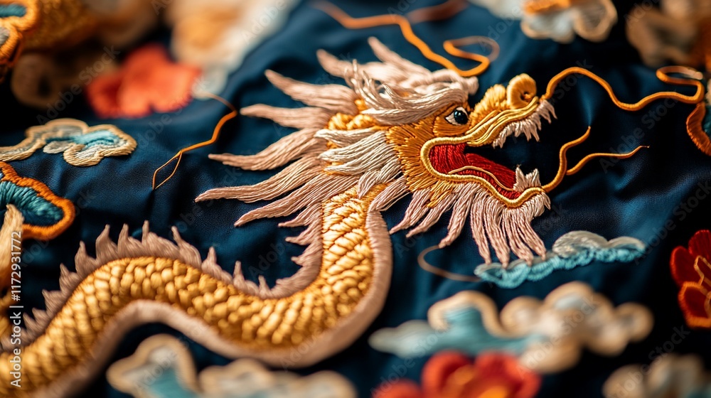 Obraz premium Embroidered dragon on dark blue fabric, intricate detail.