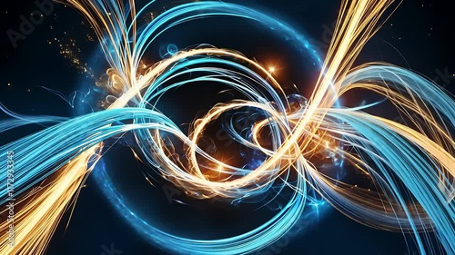 Abstract Energy Swirls of Blue and Orange Light in Dynamic Motion on a Dark Background with a Futuristic Glow

 photo