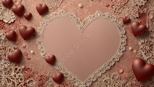 A pale pink heart outline rests on a lacey, decorative, background with various chocolate-colored hearts and small pearls strewn throughout. 