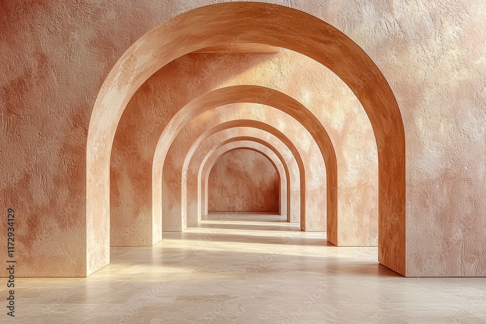 Fototapeta premium Sunlit terracotta archway corridor with textured walls, receding perspective, ideal for backgrounds