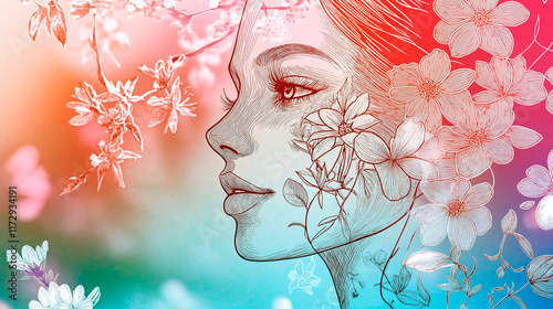 Artistic profile of a woman with intricate floral line art and vibrant gradient background