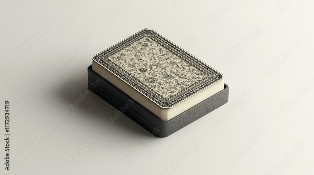 Stack of cards in box with ornate floral pattern on the back. Stack of cards in box with ornate floral pattern on the back.