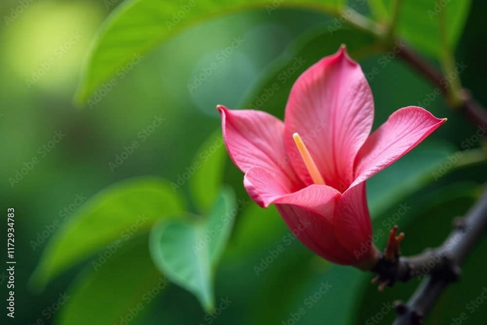 A delicate pink petal unfolding from a mango inflorescence branch, tree, tropical, nature
