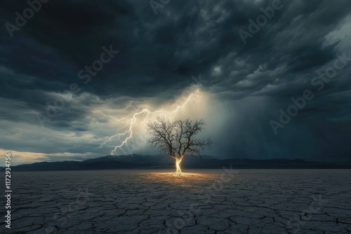 Lone Tree Illuminated by Lightning in a Desolate Landscape photo