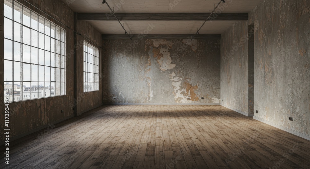 Large empty loft space, industrial interior, wooden floors, exposed concrete ceiling, multiple tall windows, natural light, spacious, urban warehouse, minimalist, rustic, open floor plan, sunlit room,