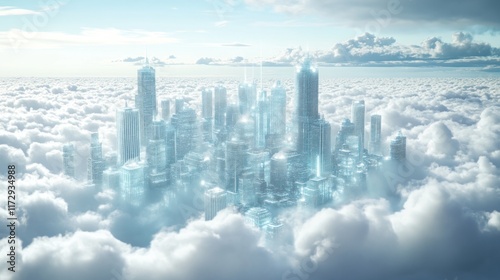 Futuristic city perched atop fluffy clouds, bathed in ethereal light. photo