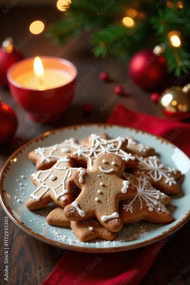 A plate of warm gingerbread cookies on a Christmas Eve table, table, evening A plate of warm gingerbread cookies on a Christmas Eve table, table, evening