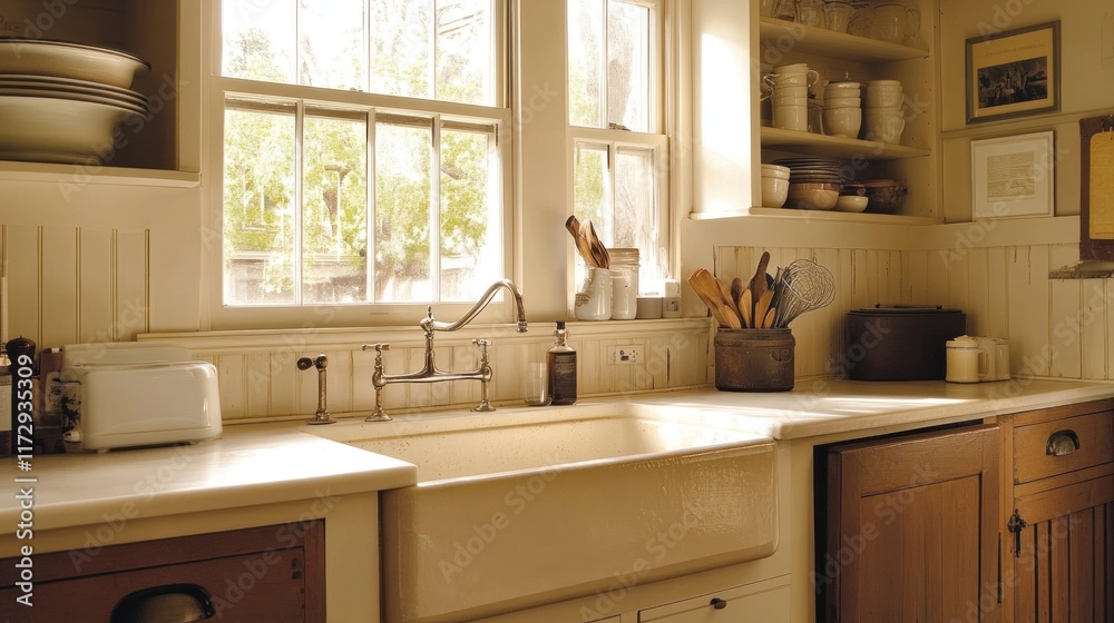 Fototapeta premium A cozy kitchen featuring a sink, utensils, and natural light.