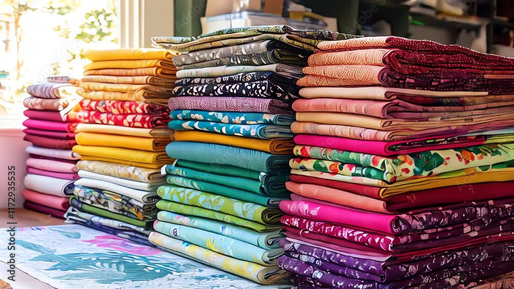 Vibrant fabric stacks transform into artistic colorful patterns