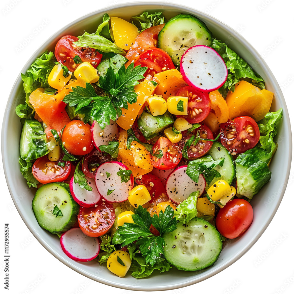 Fresh Harvest Salad: An enticing overhead shot showcases a vibrant mix of fresh, colorful vegetables arranged artistically in a bowl, a testament to health and culinary delight.