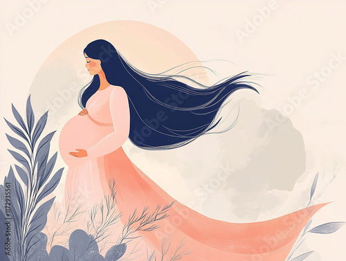 A delicate artistic portrayal of a pregnant woman surrounded by flowing abstract elements and soft colors celebrating the beauty of maternity and the emotional connection of motherhood and femininity