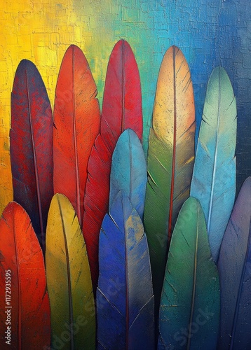 A painting of colorful feathers with a blue background