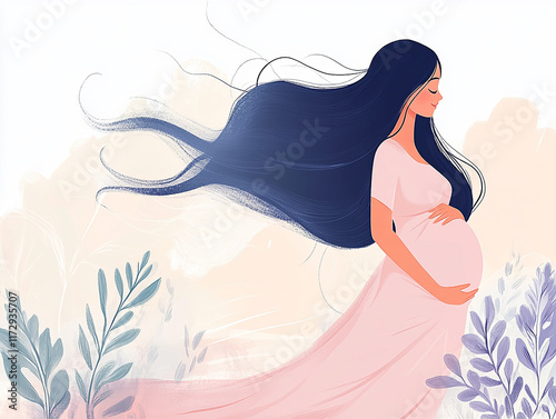 Celebrate the journey of maternity with a stunning illustration of a pregnant woman radiating gentle femininity and motherly love surrounded by delicate abstract elements and soft colors