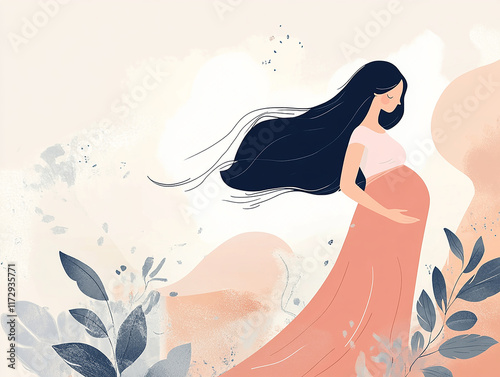 A beautiful illustration of a pregnant woman gracefully embracing the essence of maternity with a glowing baby bump and soft feminine charm surrounded by abstract artistic designs