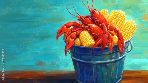 A bucket of boiled seafood, with crawfish, corn, and potatoes, perfect for a backyard seafood boil.
