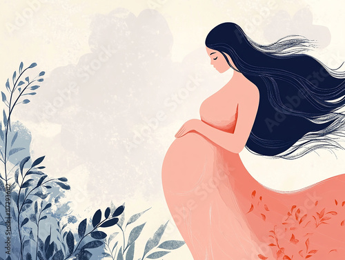 A captivating illustration of an expecting mother surrounded by abstract designs showcasing the delicate beauty of maternity and the emotional connection of pregnancy and motherly care