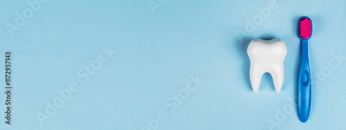 The health of children's teeth. White healthy tooth and baby brush on a blue background. Banner for a dental clinic, a pediatric dentist, oral hygiene, oral care. Copyspace for text