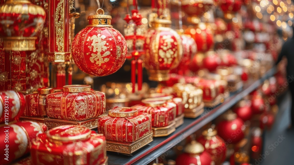Naklejka premium Red Chinese lanterns and ornaments displayed on shelves at a market.