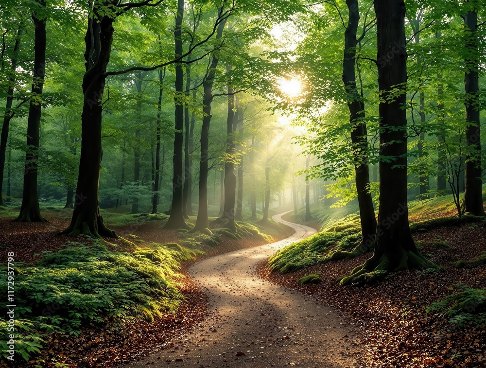 Obraz premium Enchanted forest pathway with sunlight streaming through lush green trees